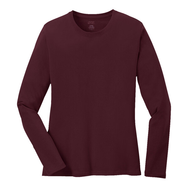 A Port & Company long sleeved maroon T-shirt for ladies.