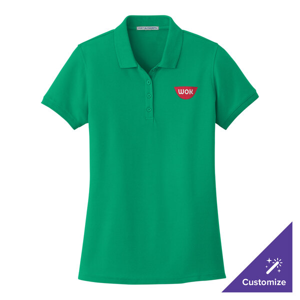 A small bright kelly green Port Authority women's polo shirt with a logo on it.