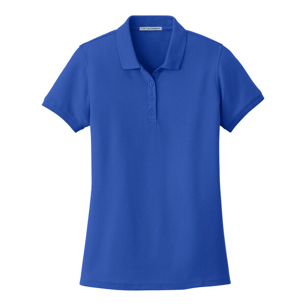 A Port Authority women's short sleeve blue polo shirt.
