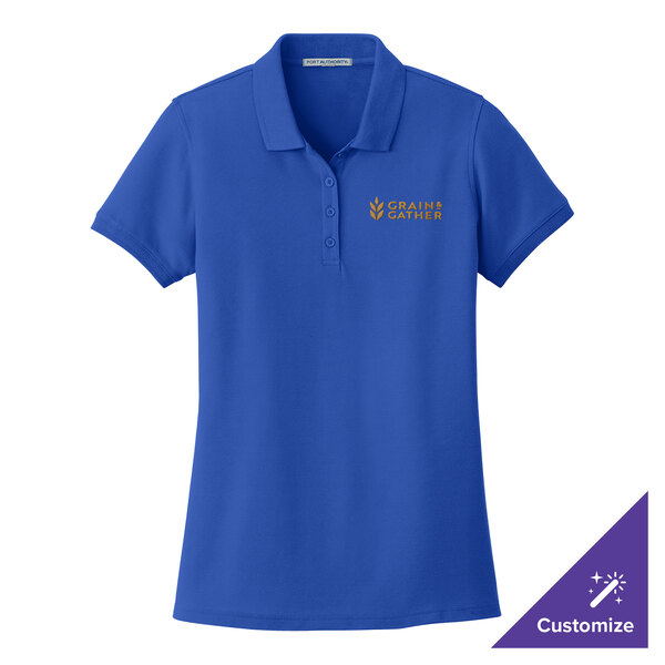 A white woman wearing a True Royal Port Authority short sleeve polo shirt with gold embroidery.