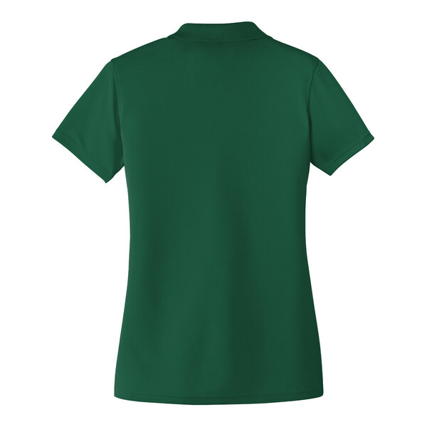A Port Authority women's deep forest green polo shirt with a white collar.