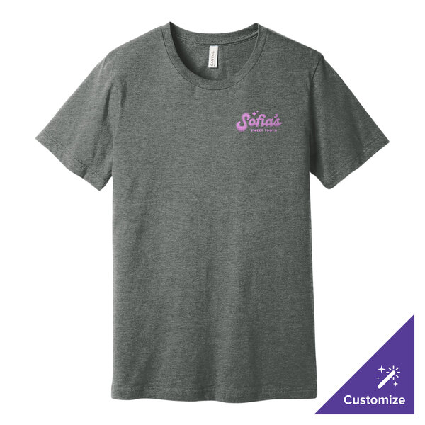 A deep heather grey Bella + Canvas t-shirt with pink text.
