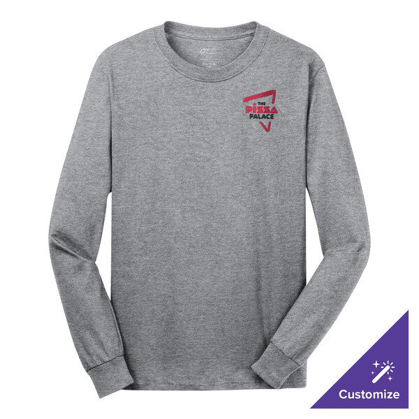 A Port & Company long sleeved grey T-shirt with a red and white logo on the counter.
