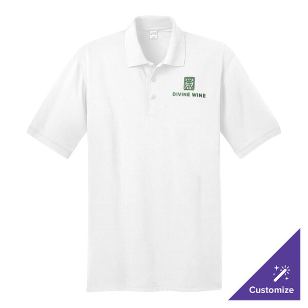 A white Port & Company polo shirt with a green logo.
