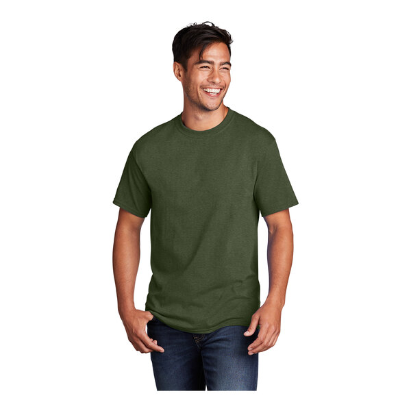 A man wearing an olive drab green Port & Company t-shirt.