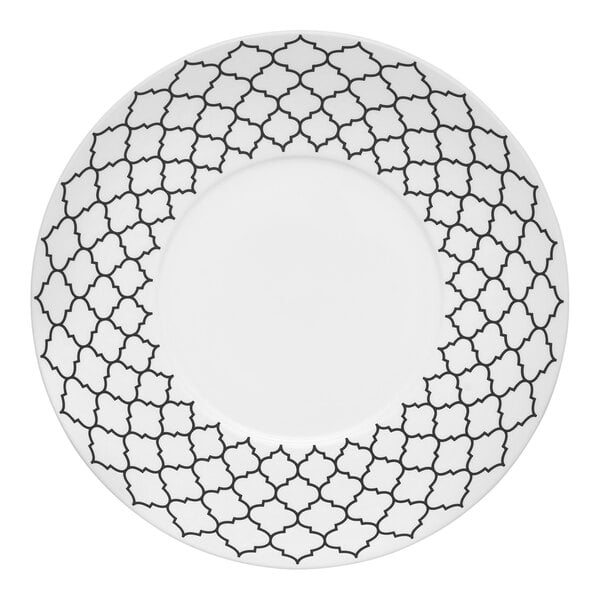 A white Libbey Samira porcelain plate with a black and white geometric design.