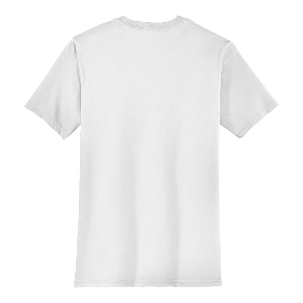 A District white short sleeve t-shirt with a logo on the front.