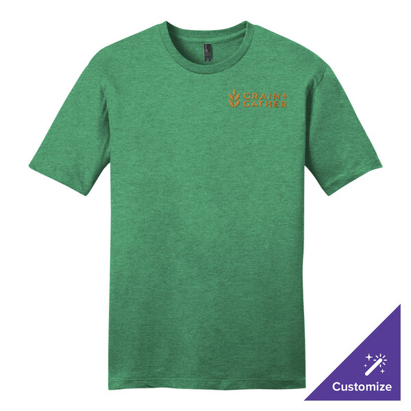 A heathered kelly green District t-shirt with orange text.