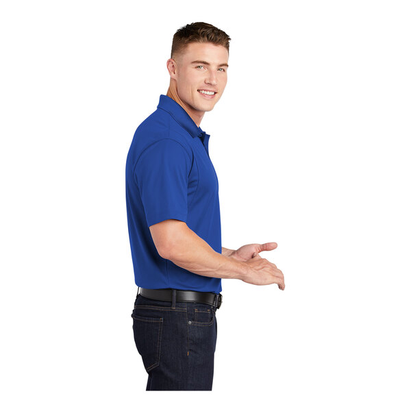 An extra large unisex royal blue Sport-Tek moisture-wicking polo shirt.