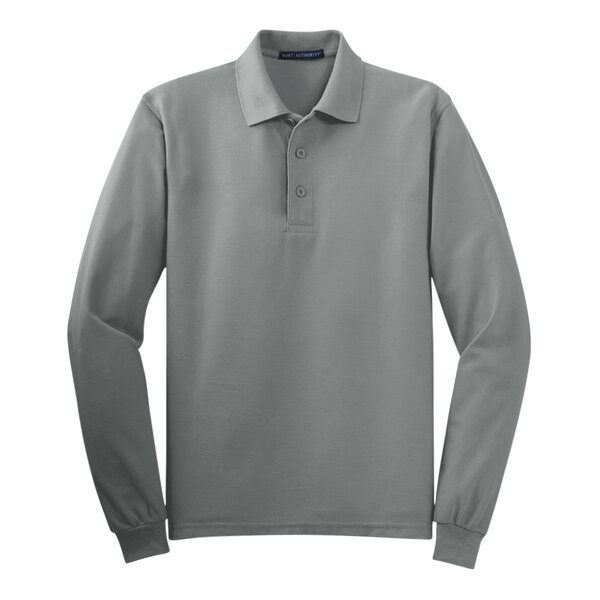 A long sleeved grey Port Authority silk touch polo shirt.