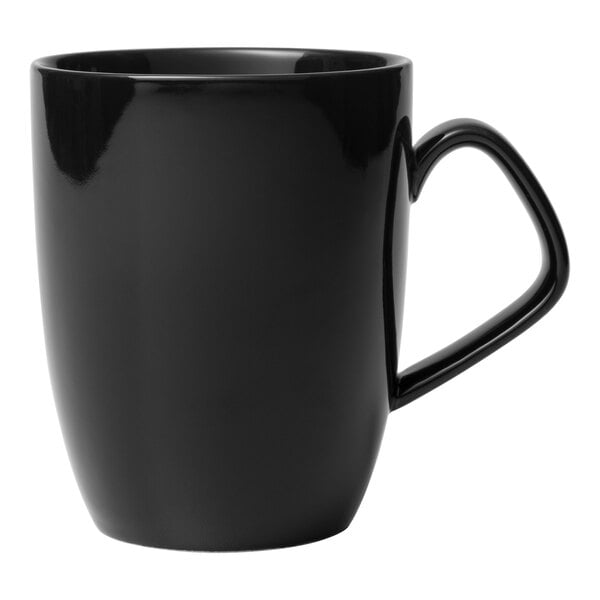 A black Libbey porcelain mug with a handle.