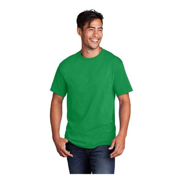 A man wearing a Port & Company clover green short sleeve T-shirt.