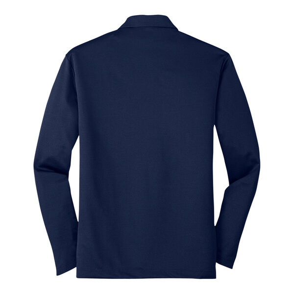 A back view of a navy Port Authority long sleeve polo shirt.