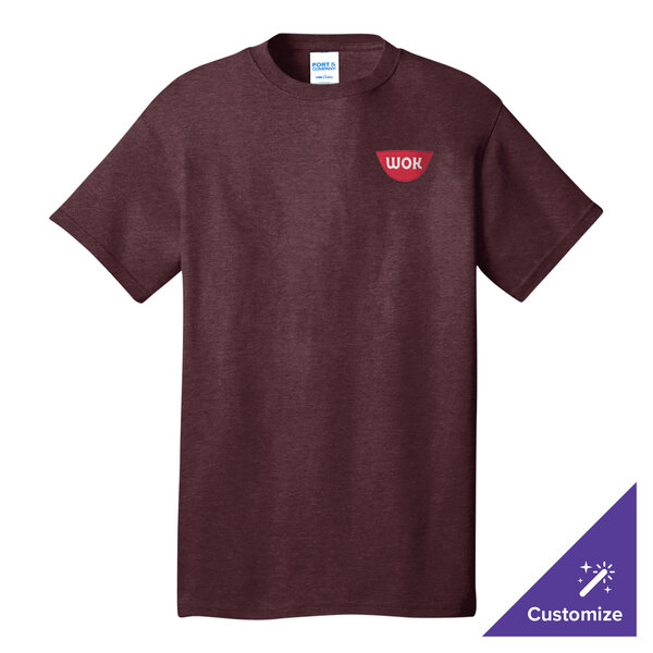 A Port & Company athletic maroon t-shirt with a logo on it.