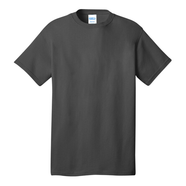 A charcoal Port & Company short sleeve T-shirt with a blue logo.