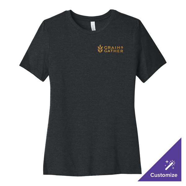 A dark gray Bella + Canvas women's short sleeve t-shirt with a logo on it.