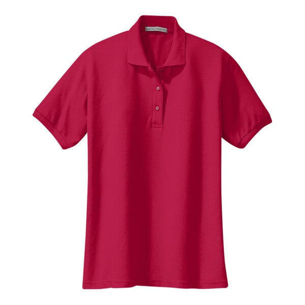 A red Port Authority short sleeve polo shirt for women.