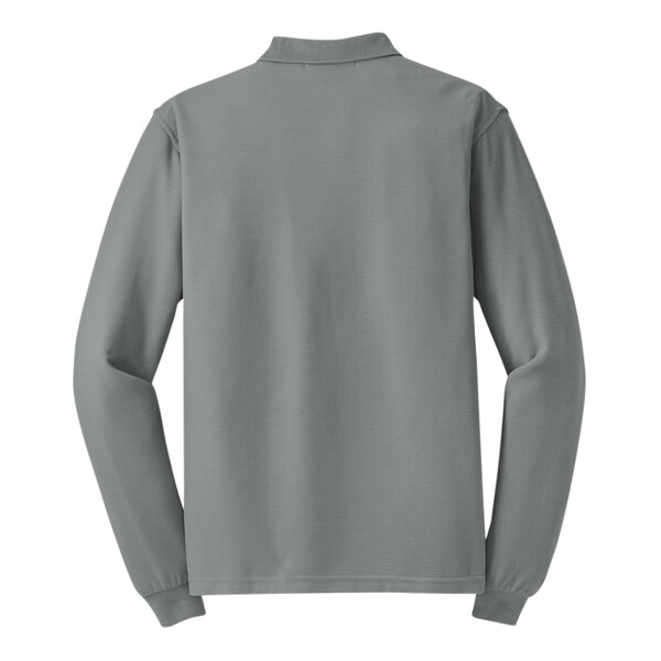 A Cool Gray Port Authority long sleeve polo shirt.