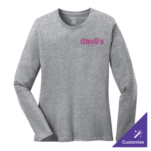 A Port & Company women's long sleeve heather grey shirt with pink writing that says "Dave's"