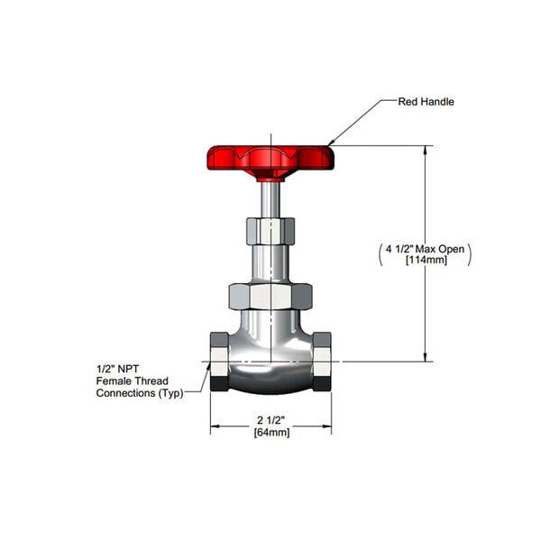 A T&S chrome plated valve handle with red accents.