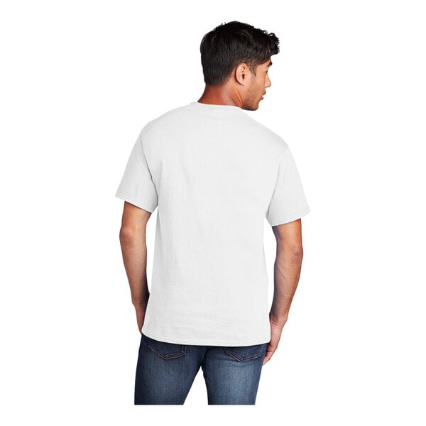 A man wearing a white Port & Company cotton T-shirt.