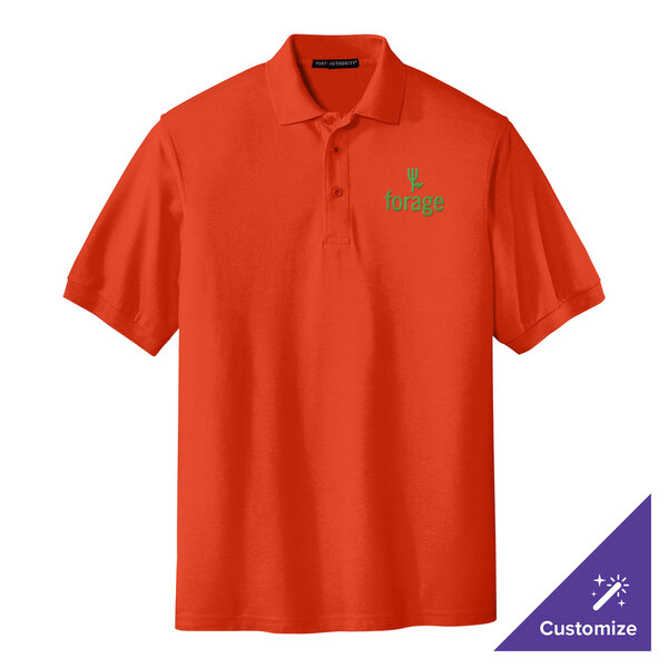An orange Port Authority polo shirt with a green logo.