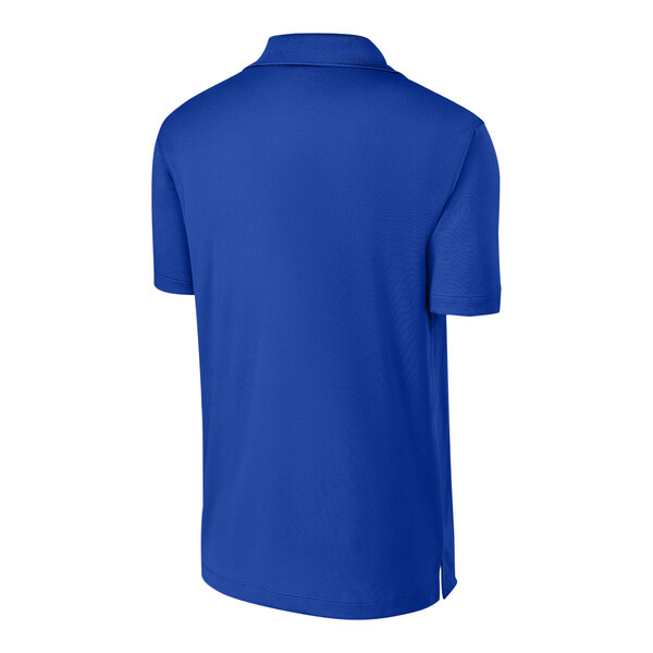 A back view of a blue Sport-Tek polo shirt on a white background.