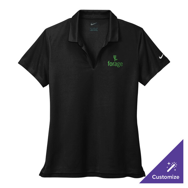 A black women's Nike polo shirt with green embroidery.