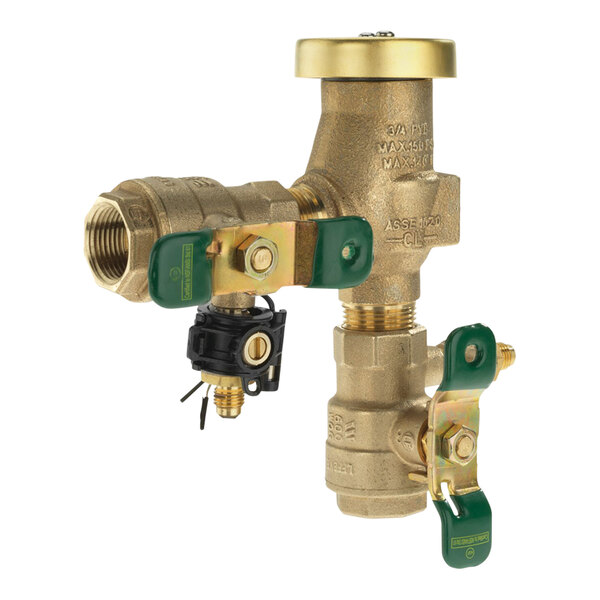A Watts brass freeze-resistant pressure vacuum breaker with green handles.