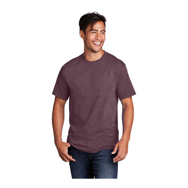 A man smiling and wearing a Port & Company heather athletic maroon T-shirt.