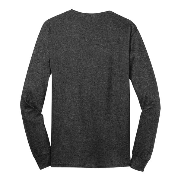 The back of a dark heather gray Port & Company long sleeve shirt.