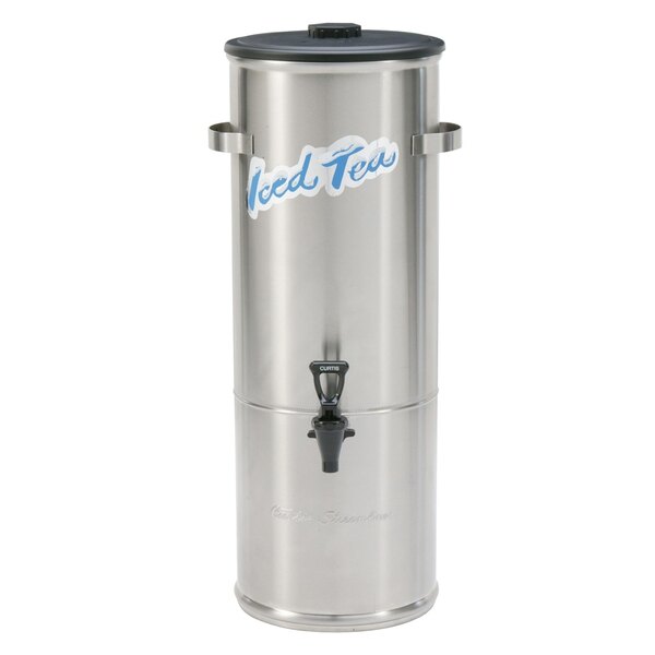 A stainless steel Curtis 5 gallon iced tea dispenser with a stainless steel lid.