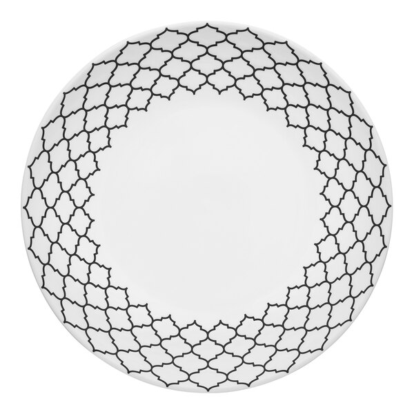 A white Libbey porcelain plate with black and white design.