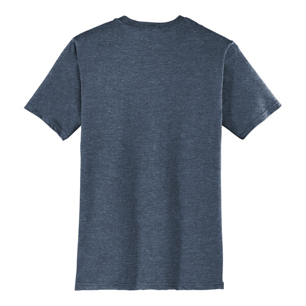 The back of a heathered navy District t-shirt with a white logo.
