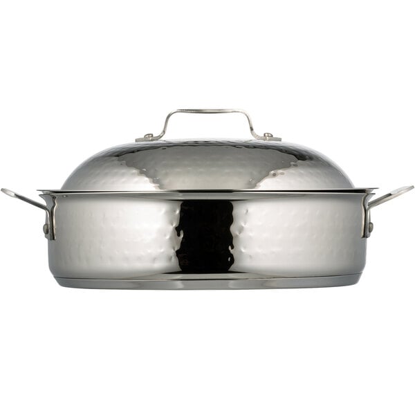 A Bon Chef stainless steel saute pan with a lid.