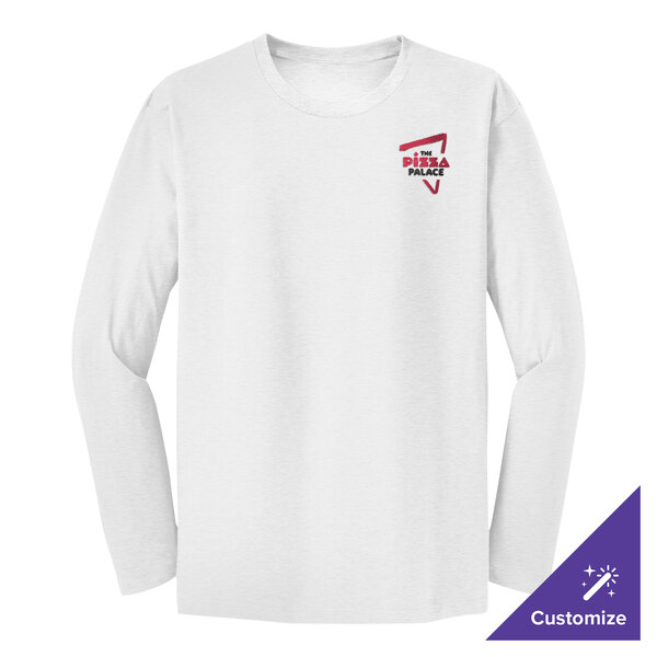 A white District long sleeve shirt with a red and white logo.