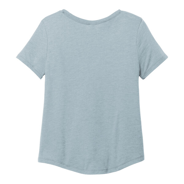 The back of a women's blue AllMade t-shirt.