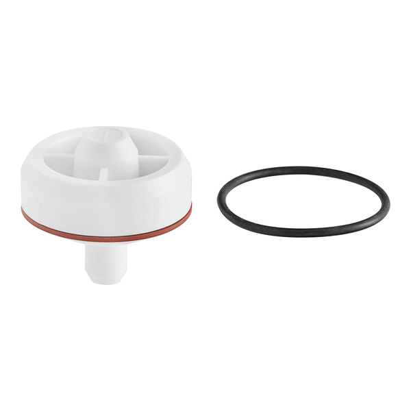 A white plastic Watts anti-siphon valve repair kit with a black rubber ring.