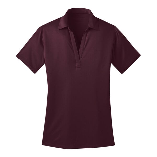 A maroon Port Authority women's polo shirt with a collar.