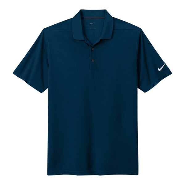 A navy Nike Dri-Fit polo shirt with a white swoosh on the sleeve.