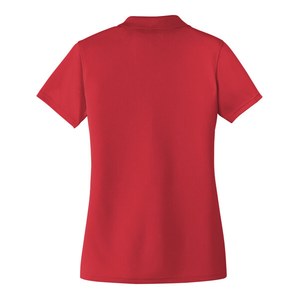 A Port Authority women's rich red short sleeve polo shirt.