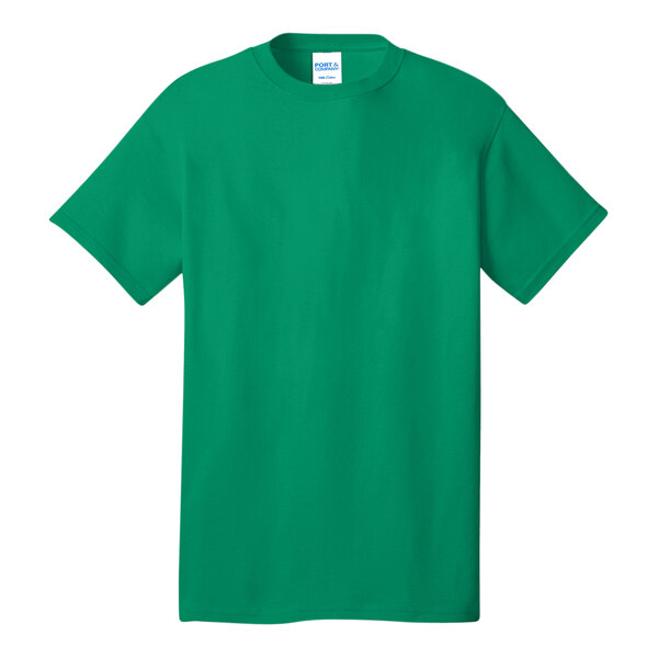 A green Port & Company short sleeve t-shirt with a white label.