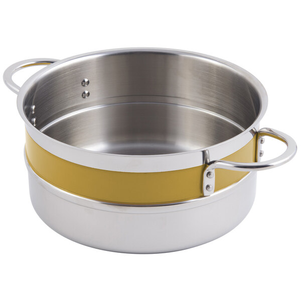A Bon Chef stainless steel steam table pot with yellow handles.