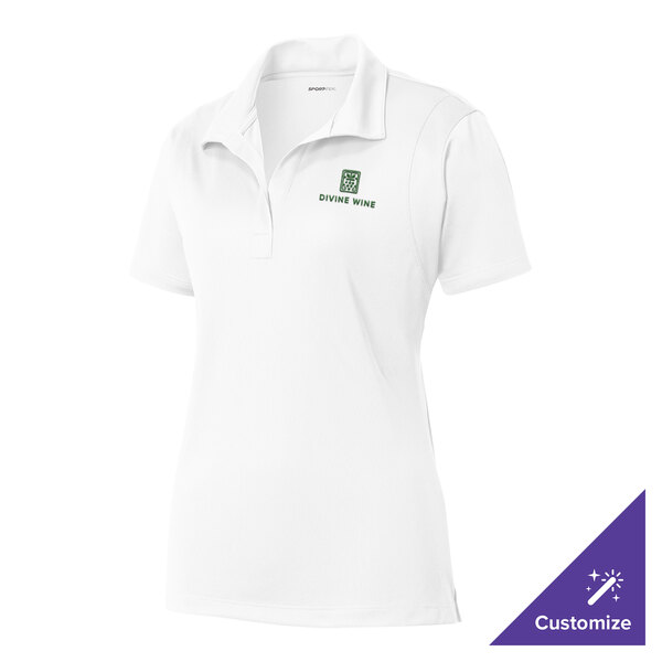 A white Sport-Tek women's polo shirt with green embroidery on the logo.