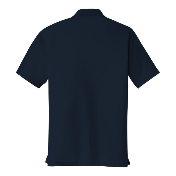 A back view of a navy Port Authority Dry Zone short sleeve polo shirt with a collar.