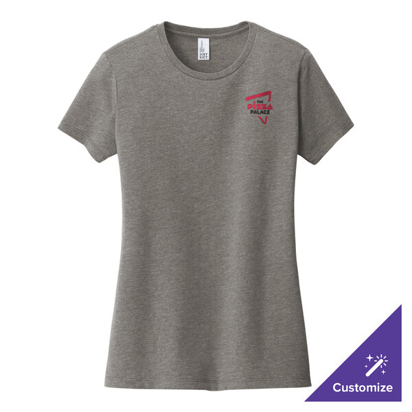 A medium women's District gray frost t-shirt with a red logo.