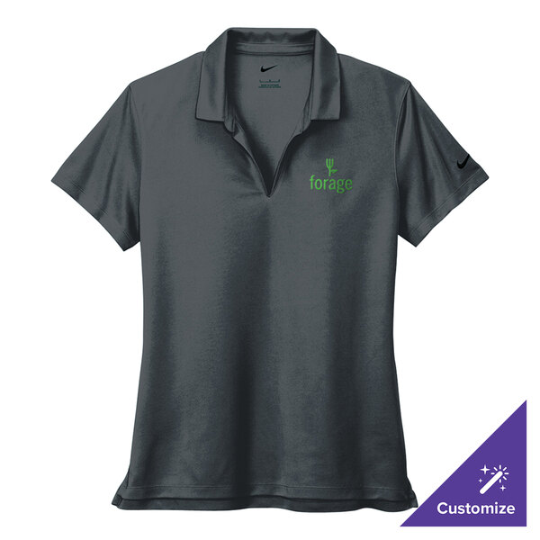 A Nike women's anthracite grey polo shirt with a green logo.