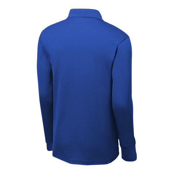 A back view of a medium blue Sport-Tek long sleeve polo shirt on a mannequin.