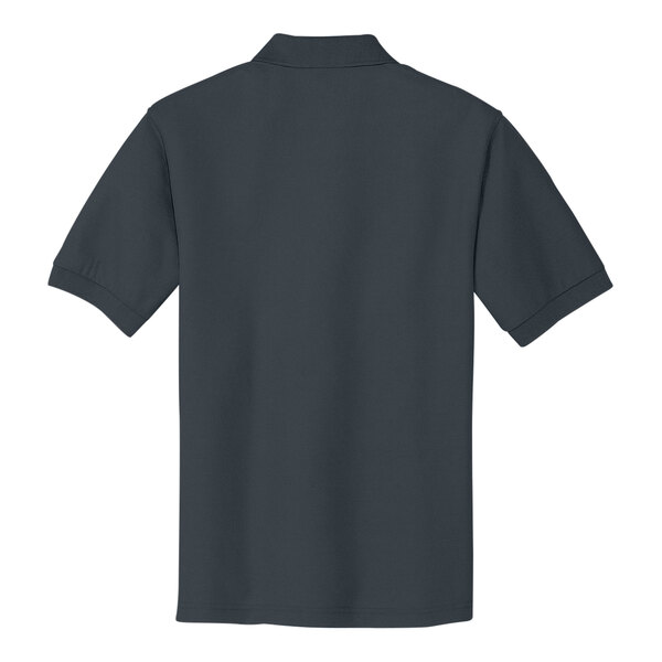 The back of a dark grey Port Authority polo shirt.