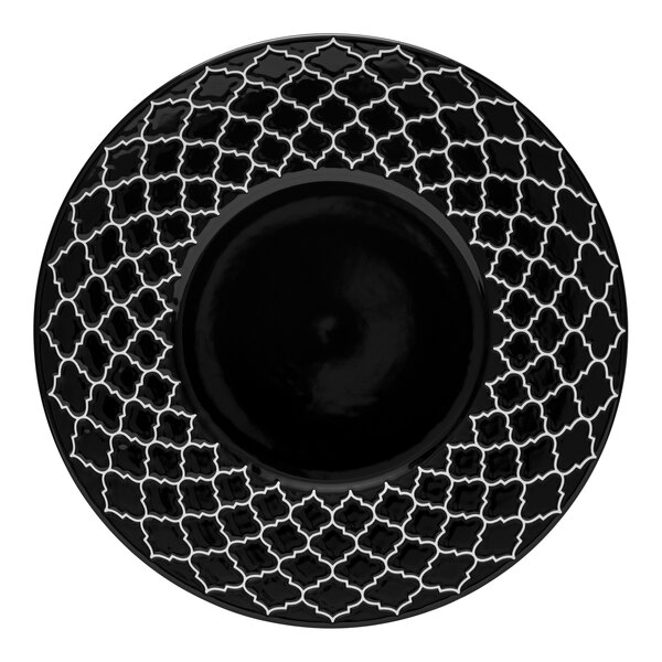 A black and white Libbey Samira porcelain plate with a patterned rim.